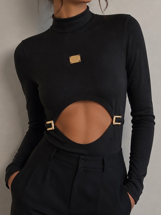 Tops - Black Long-Sleeve Cutout Mock Neck Top with Gold Hardware
